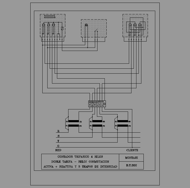 Bloque Autocad Contador trifásico 4 hilos doble tarifa-reloj conmutación activa-reactiva y 3 trafos de intensidad, ERZ BT 302.